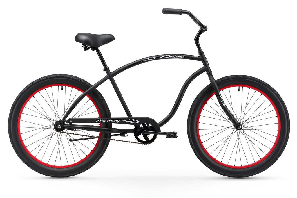 Firmstrong Chief 3.0 Single Single Speed, Matte Black with Red Rims- Men's 26" Beach Cruiser Bike