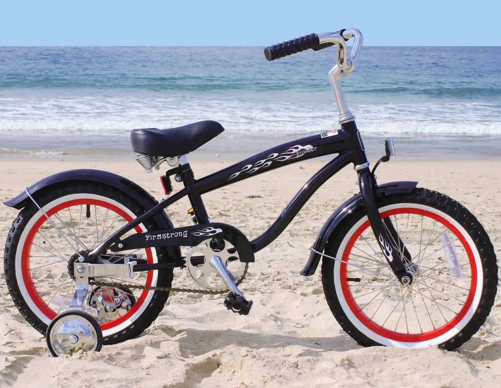 Firmstrong Mini Bruiser 16" - Beach Cruiser Bicycle w/ Training Wheels, Black w/ Red Rims