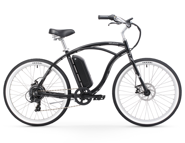 sharper image electric cruiser bicycle Firmstrong Urban Electric Bicycle Man's 26 Inch 350 Watt Seven Speed Beach  Cruiser E-Bicycle
